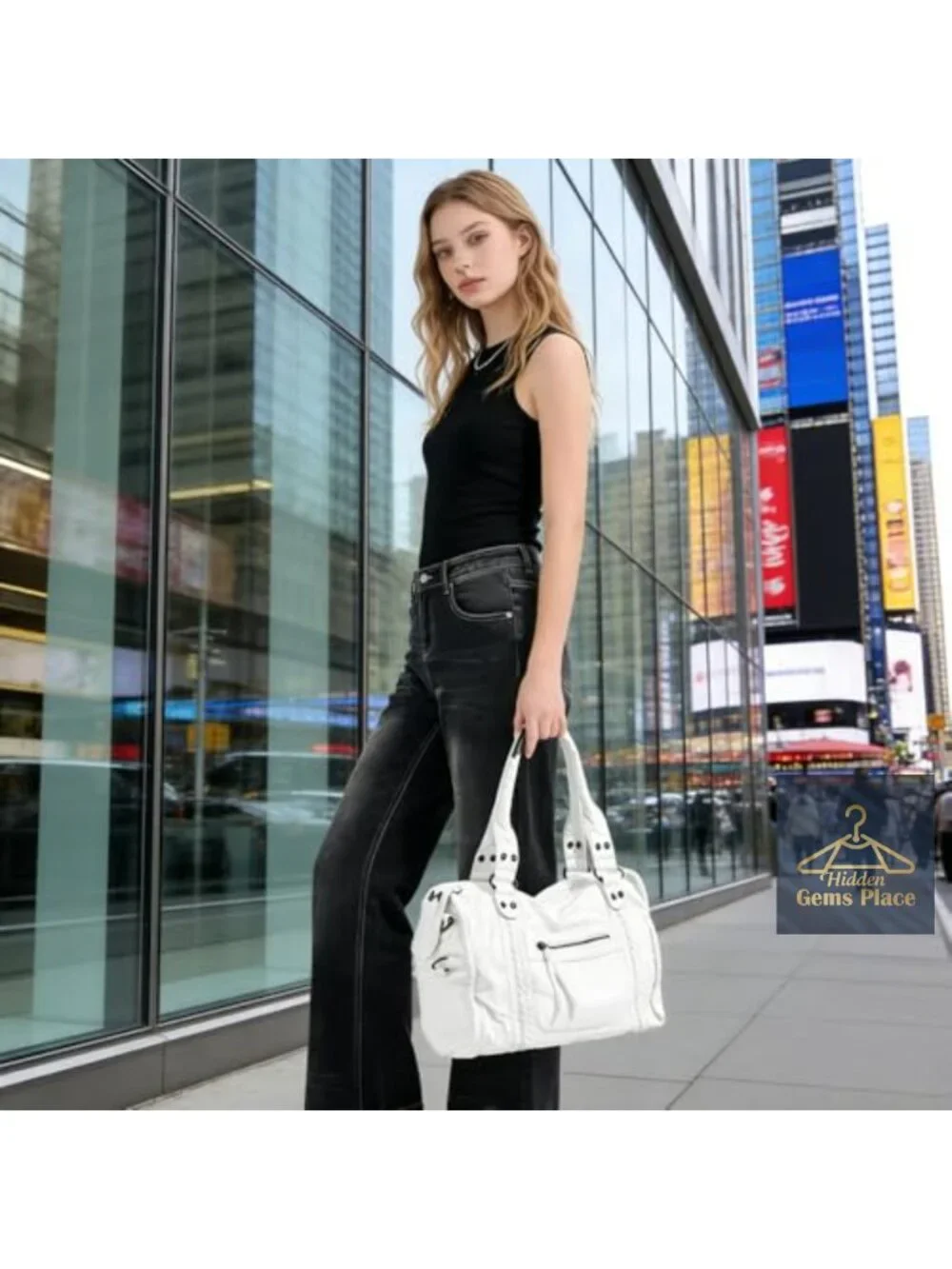 Washed Vegan Leather Hobo Tote Bag with Removable Straps